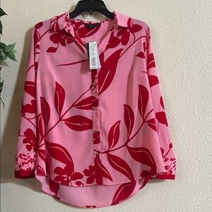 Investments Pink and Red Floral Button Down Shirt